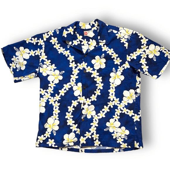 Vintage Hilo Hattie Hawaiian Shirt Blue Hibiscus Plumeria Floral Short Sleeve - Picture 1 of 10